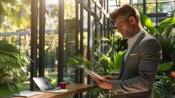 A man in a suit is standing in front of a window with a laptop photo