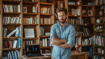 A man standing in front of a bookshelf with a laptop photo