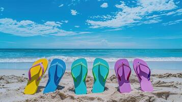 The colorful flip flops on beach photo