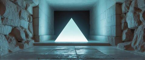 Glowing cube pyramid in a stone corridor photo