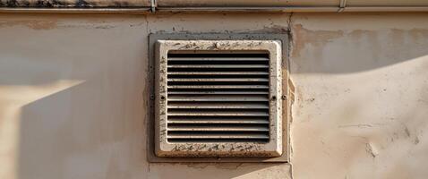 Dusty and dirty return vent cover mounted on a house wall with space for text photo