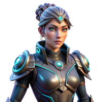 serene traditional Cyberpunk female warrior, intricate armor, glowing cybernetic implants premium png