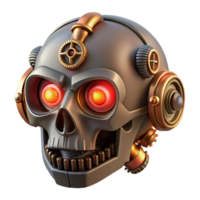 beautiful rustic A steampunk skull graphic with gears, pipes, and glowing red eyes authentic png