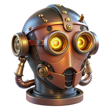 magnífico artístico steampunk robô cabeça com exposto fios, engrenagens, e brilhando olhos Alto qualidade png