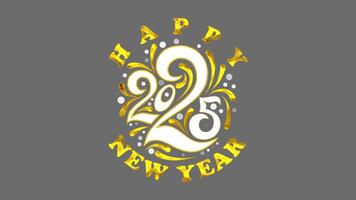 Vibrant happy New Year 2025 design with gold lettering and swirling decorative elements on transparent background video