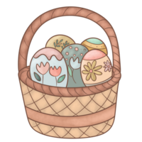 Easter eggs decorated with delicate boho patterns, floral etchings , arranged in a rustic wicker basket. png