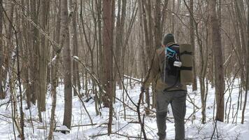 A man with a backpack walks through a snowy forest, surrounded by bare trees. His gear suggests a survival, bushcraft, or outdoor adventure in the wilderness. video