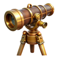 serene creative Steampunk telescope with brass lenses and a wooden tripod mount 4K png