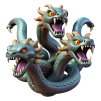stunning artistic Hydra, multi-headed serpent, serpentine body, menacing fangs premium png