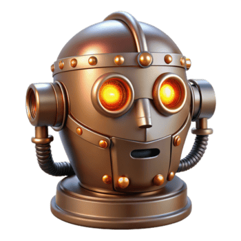 extraordinário contemporâneo steampunk robô cabeça com brilhando conduziu olhos e exposto fiação profissional png