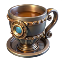 serene contemporary Steampunk teacup with intricate metalwork and a porcelain insert genuine png