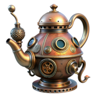 wonderful creative Steampunk teapot with intricate metalwork and a steam vent high resolution png