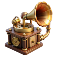 elegant abstract Steampunk phonograph with a brass horn and a rotating turntable premium png