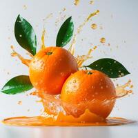 Fresh Oranges with Juice Splash on White Background photo