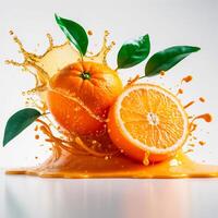 Fresh Oranges with Juice Splash on White Background. Close up view photo