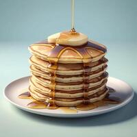Pouring Syrup Over Pancakes with Butter Slice and Bright Background photo