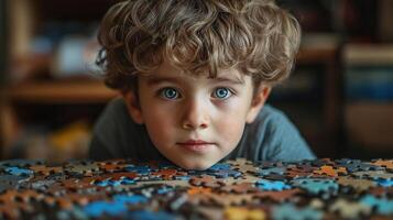 Boy Focused on Autism Puzzle Pieces photo
