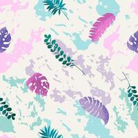 Seamless pattern with abstract shapes and tropical leaves. Great for backgrounds, textiles, packaging. vector