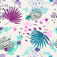 Tropical seamless pattern, abstract shapes and leaves. Color and grainy gradient. Great for backgrounds, textiles, packaging. vector