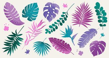 Abstract tropical leaf set. Botanical collection for decoration, bright, purple, green, pink, lilac color, with grain gradient texture. vector