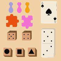 illustration of a set of four different icons, game items. Stickers of game components, dice for playing cards. Ace of spades. Domino, lotto, chips for the move. vector