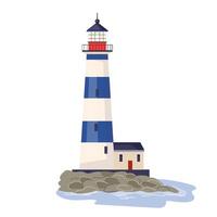 Lighthouse with ocean beach rocks Nautical navigation tower with blue white stripes and beacon lights helping ships to navigate. Marine seaside architecture design element Flat illustration vector