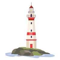 Lighthouse with ocean beach rocks Nautical navigation tower with red white stripes and beacon lights helping ships to navigate. Marine seaside architecture design element Flat illustration vector