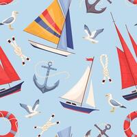 Summer seamless pattern with cartoon sailboats on blue Nautical repeat background with anchor and sea knots Marine endless design for print, fabric, textile, wrapping paper. Flat illustration vector