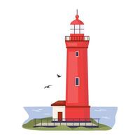 Red lighthouse with small house and sea coast Marine seaside architecture. Symbol of coastal safety, design element. Construction nautical tower with observation point and signals. illustration vector