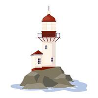 Lighthouse with ocean beach rocks Nautical navigation building with red tower and beacon lights helping ships to navigate. Marine symbol of coastal safety, design element Flat illustration vector
