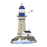 Stone lighthouse with rocks Nautical navigation tower with small house and beacon lights helping ships to navigate. Construction tower with observation point and signals. Flat illustration vector