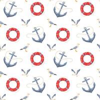 Nautical summer seamless pattern. Nautical repeat texture with summer symbols, such as anchors, lifebuoy and seagulls. Marine endless design for print, fabric, textile, wrapping paper vector