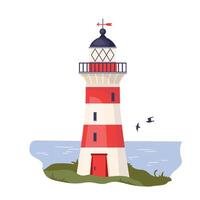 Lighthouse with sea coast Cartoon nautical navigation tower with red white stripes and beacon lights helping ships to navigate. Marine seaside architecture design element Flat illustration vector