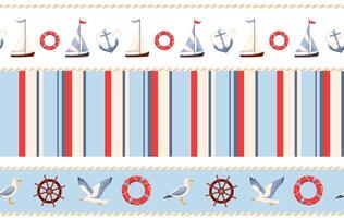 Nautical seamless border. Set of repeat texture with summer symbols, such as sailboats, anchors, lifebuoy and seagulls. Marine endless pattern for design, print, fabric, textile, wrapping paper vector