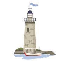Stone lighthouse with boat Nautical navigation tower helping ships to navigate. Marine seaside architecture Construction tower with observation point and signals. Flat illustration vector