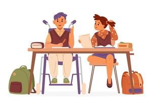 Two classmates a boy using wheelchair and a girl sitting at desk in classroom studying flat illustration isolated on white. Pupils sitting in pair at desk with school supplies and backpacks. vector
