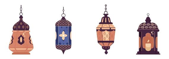 Arabian authentic lanterns flat illustrations set isolated on white. vector