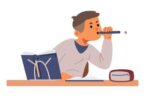 School boy sitting at desk spitting with chewed paper in class flat illustration isolated on white. vector