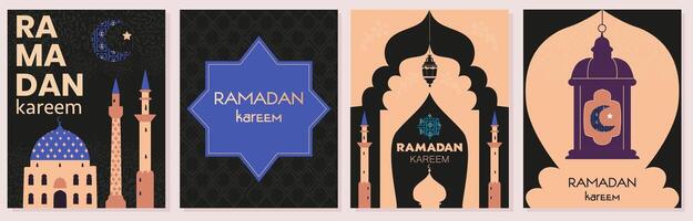 Ramadan Kareem and Eid Mubarak flat greeting cards set with minimalistic illustrations of mosques, minarets, crescent moon, lanterns. vector