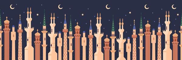 Muslim architecture elements minarets flat seamless border on dark background with stars and moon. vector