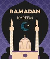 Ramadan Kareem flat greeting card with illustrations of mosque, minarets, ornate moon. vector
