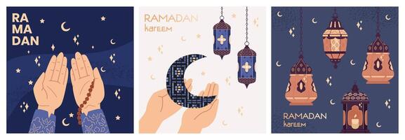 Ramadan Kareem and Eid Mubarak flat greeting cards set with illustrations of praying hands, crescent moon, lanterns. vector