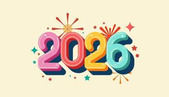 contento nuevo año 2026 3d garabatear alegre color con fuegos artificiales, celebracion, saludo tarjeta, invitación, calendario concepto. diseño modelo enviar nuevo año 2026. vector