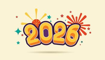 Happy New Year 2026 3d doodle colourful with fireworks, celebration, greeting card, invitation, calendar concept. Design template post new year 2026. vector