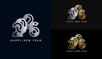 Happy New Year 2026 minimalist geometric shapes in luxury silver. celebration, greeting card, invitation, calendar concept. Design template post new year 2026. vector