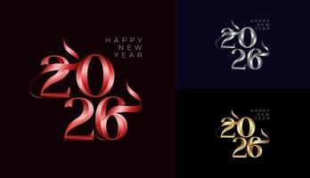 Happy New Year 2026 elegant 3d silver in gold with ribbon, celebration, greeting card, invitation, calendar concept. Design template post new year 2026. vector