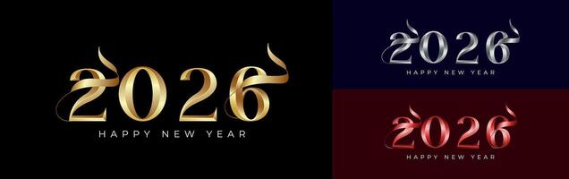 Happy New Year 2026 elegant 3d shiny silver and gold with ribbon, celebration, greeting card, invitation, calendar concept. Design template post new year 2026. vector