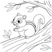 Cute chipmunk coloring page on a tree branch. vector