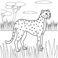 Printable coloring page of a cheetah in a savanna setting. vector