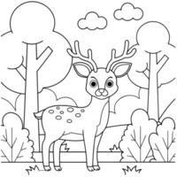 Cute black and white deer coloring page in a forest setting. vector